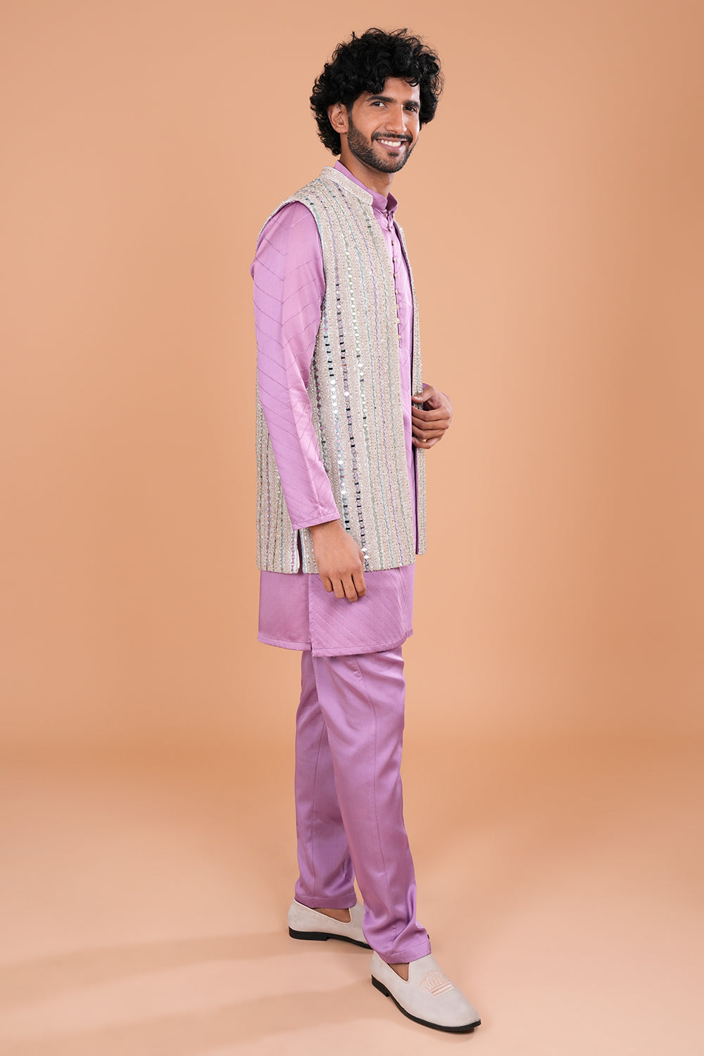Lavender Elegance with Mirror Embellished Jacket Men's Kurta Set