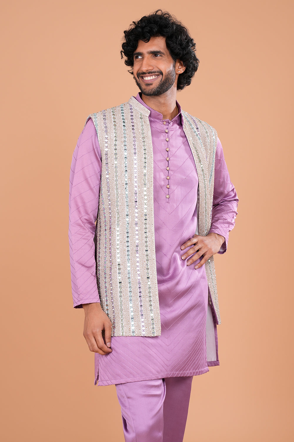Lavender Elegance with Mirror Embellished Jacket Men's Kurta Set