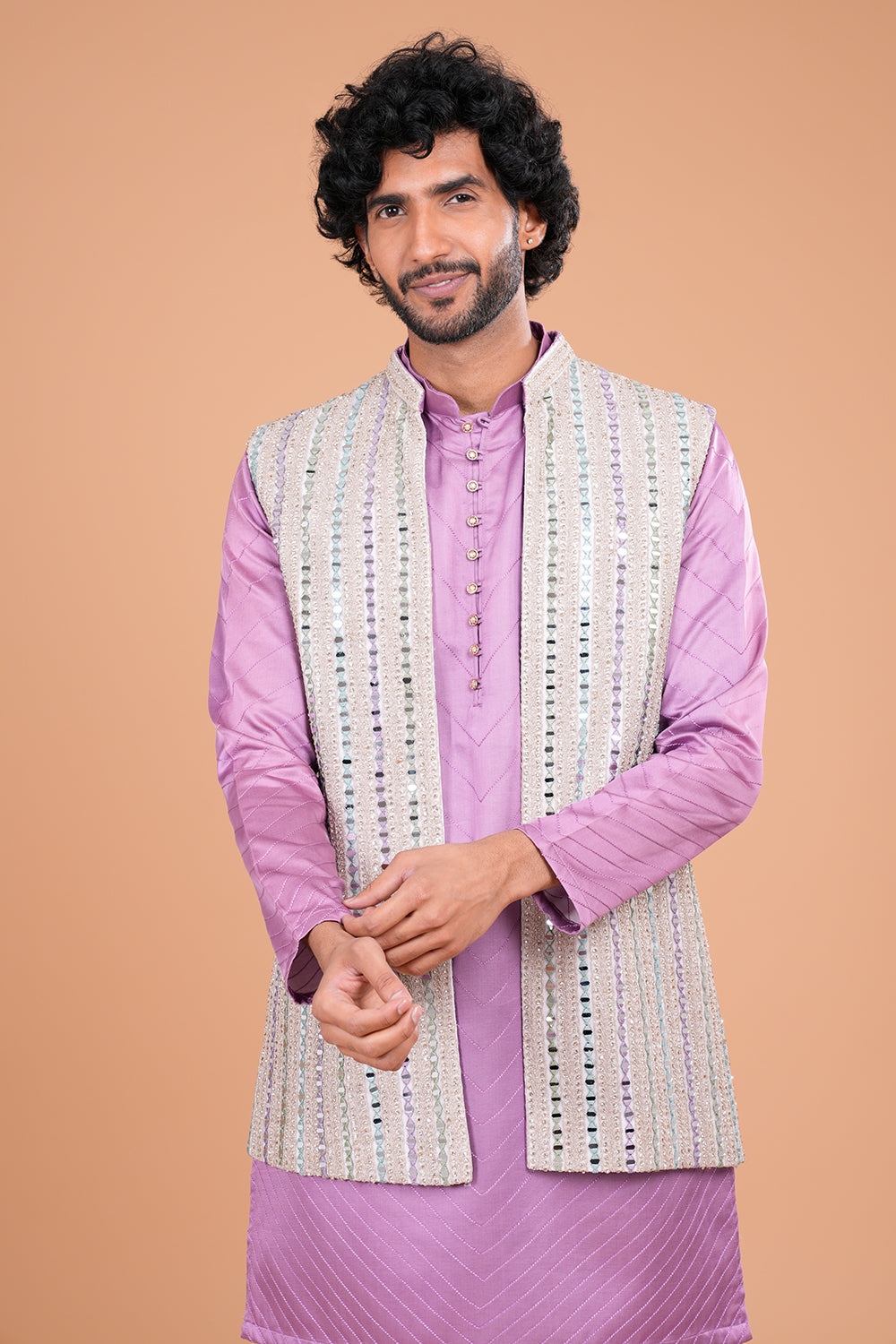 Lavender Elegance with Mirror Embellished Jacket Men's Kurta Set