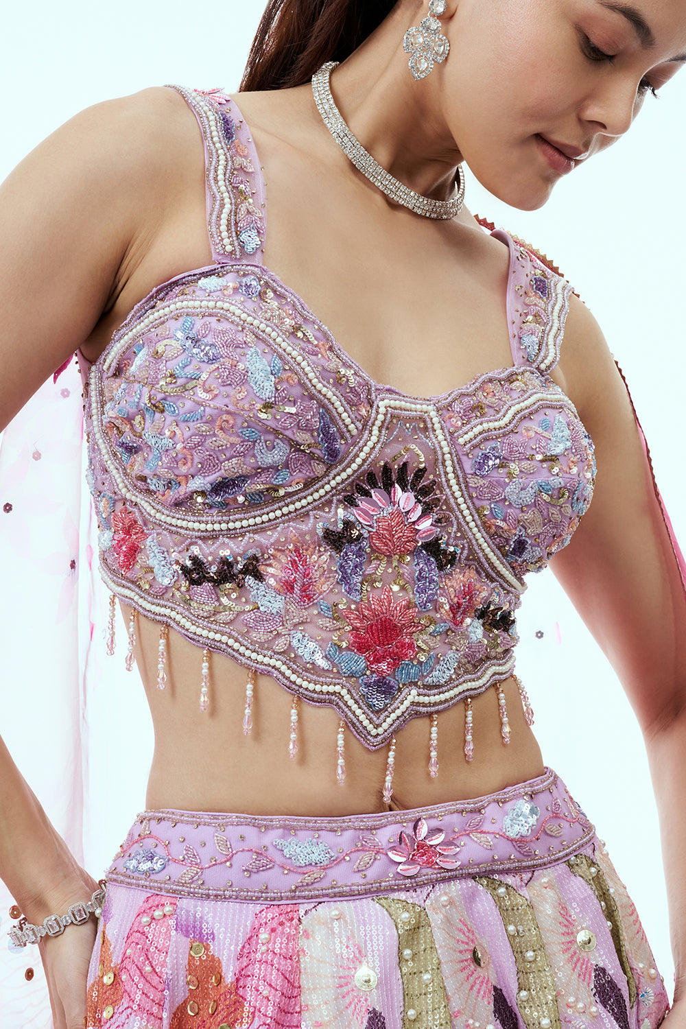 Lavender Sequins Lehenga with Floral Print and 3D Work