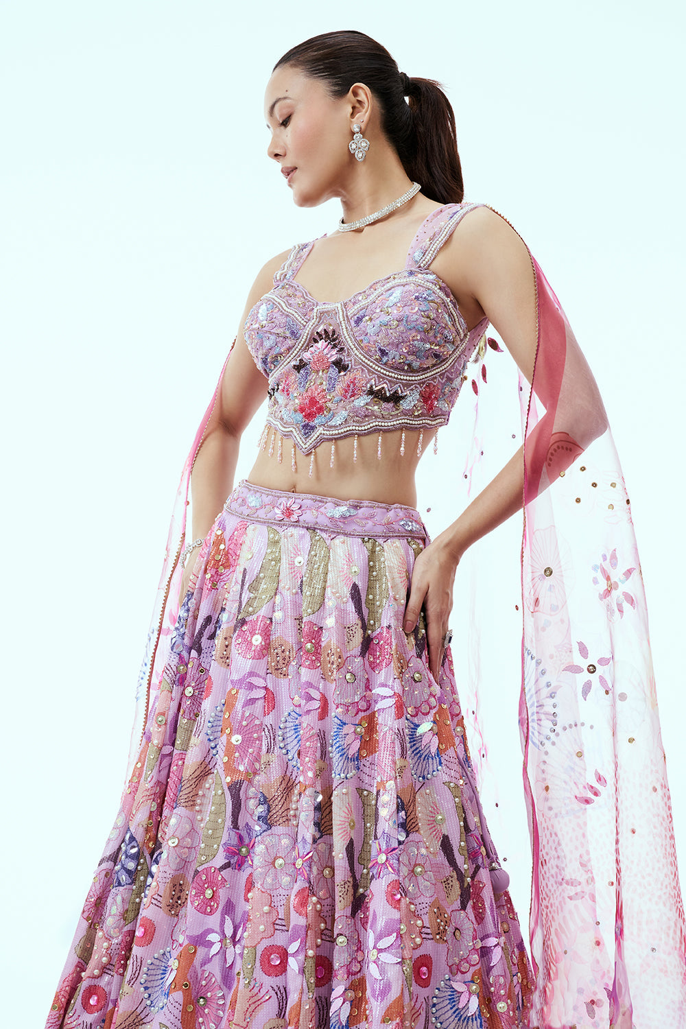 Lavender Sequins Lehenga with Floral Print and 3D Work