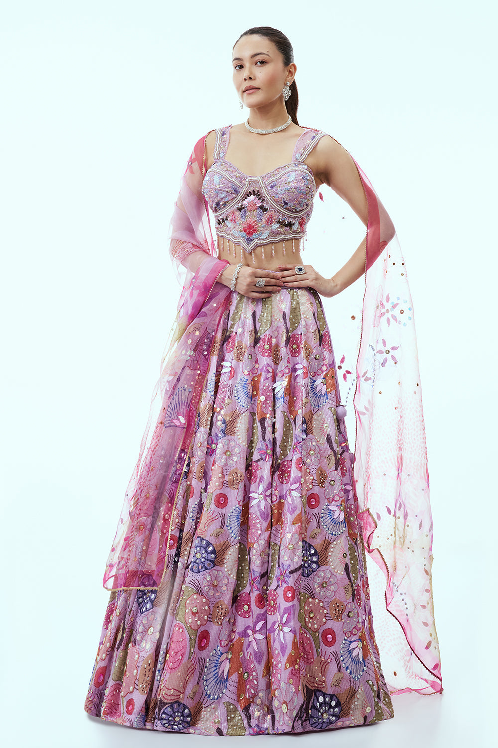 Lavender Sequins Lehenga with Floral Print and 3D Work