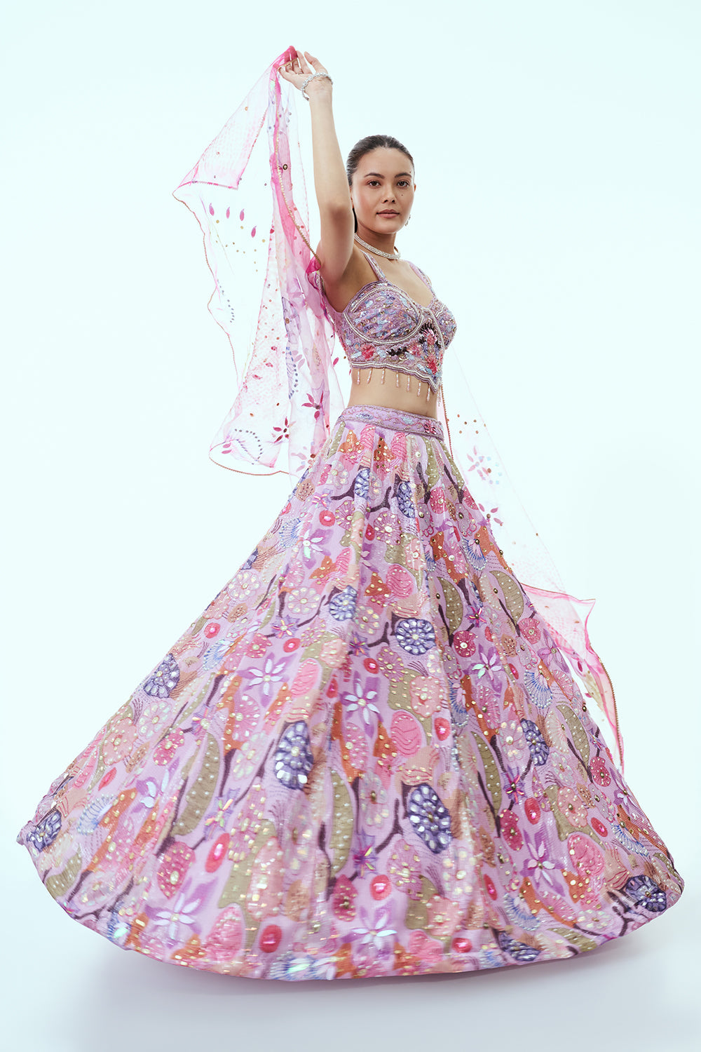 Lavender Sequins Lehenga with Floral Print and 3D Work