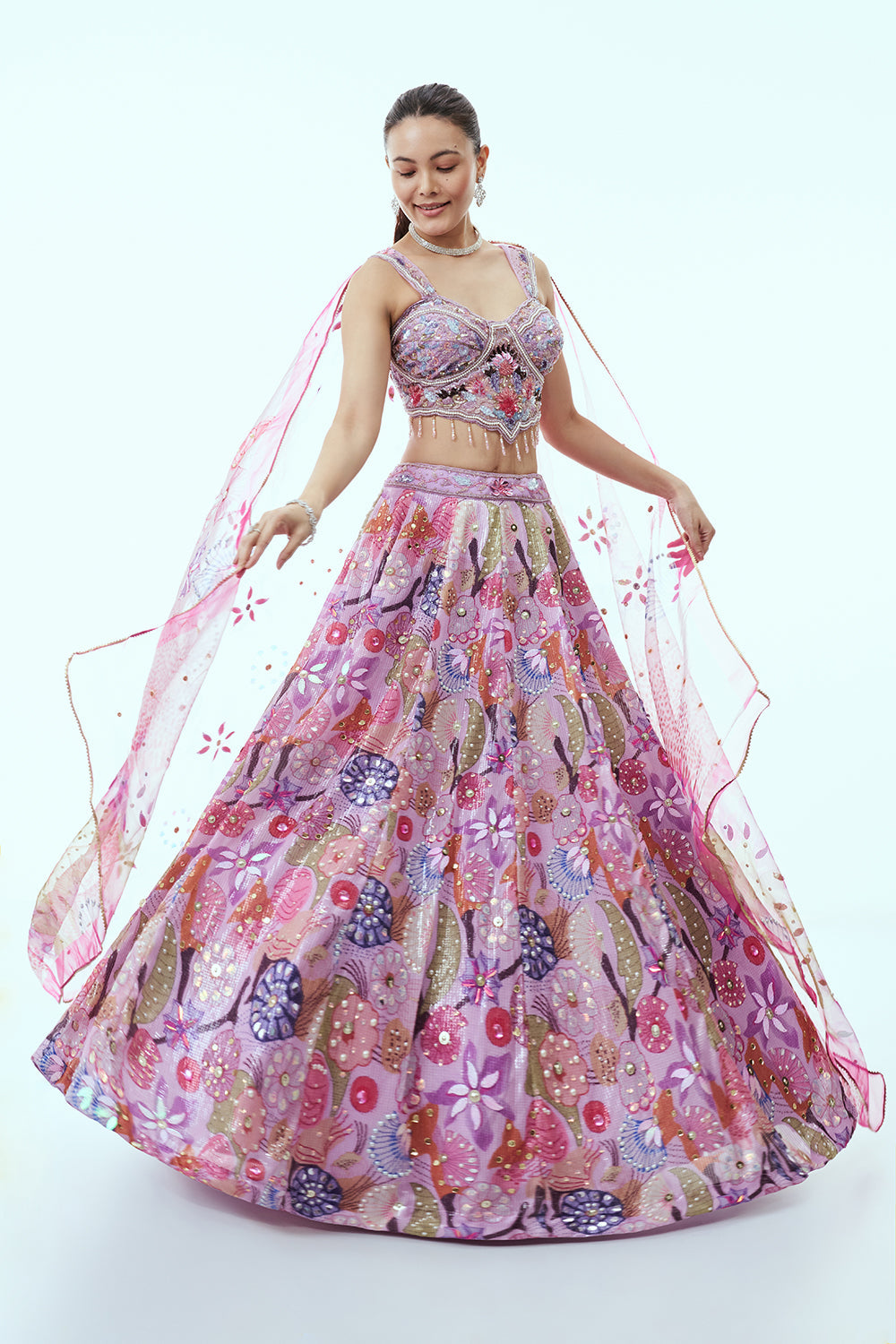Lavender Sequins Lehenga with Floral Print and 3D Work