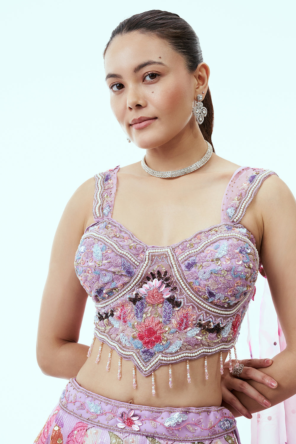 Lavender Sequins Lehenga with Floral Print and 3D Work