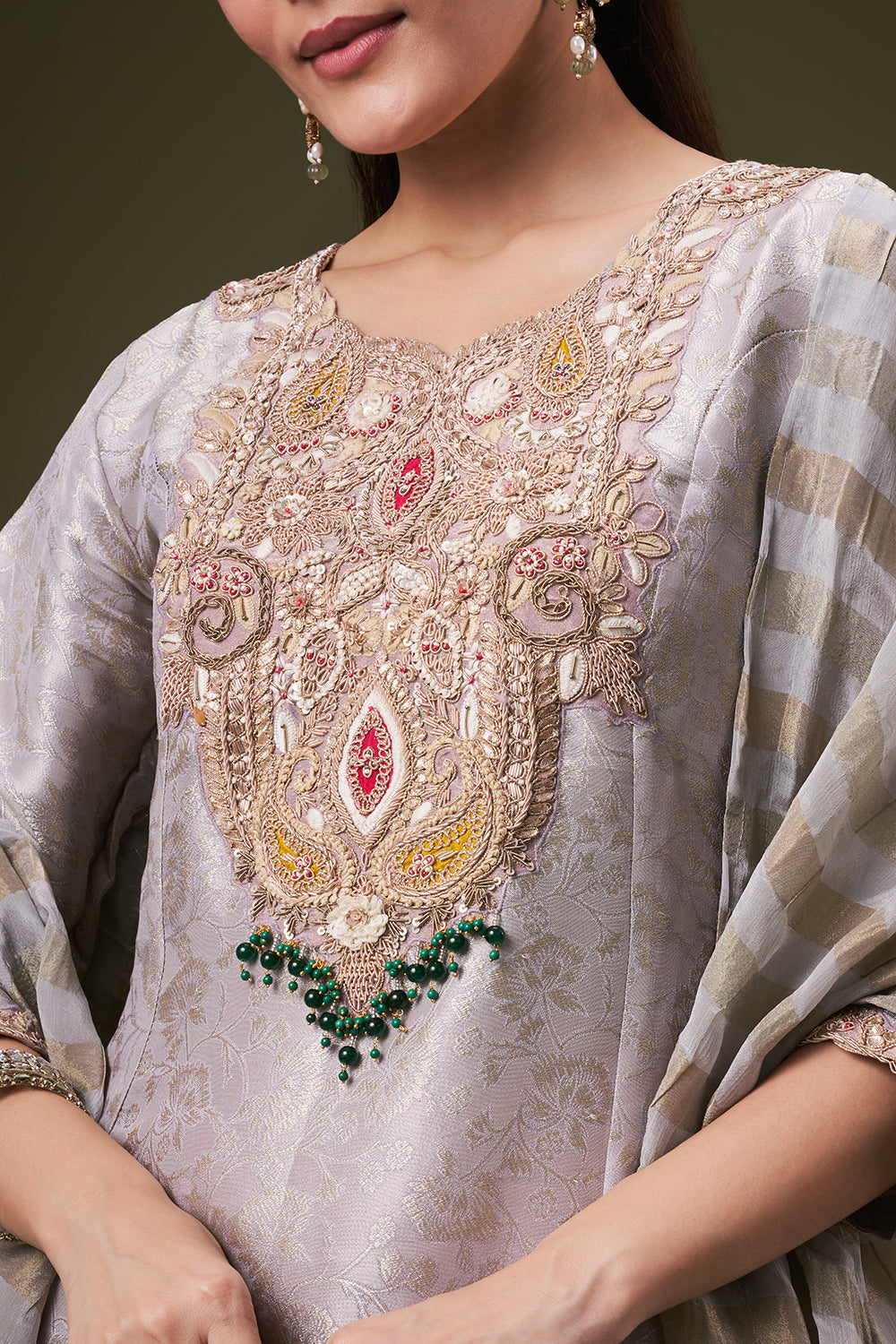 Lavender Grey Brocade Palazzo Suit with Zardosi and Gota Work