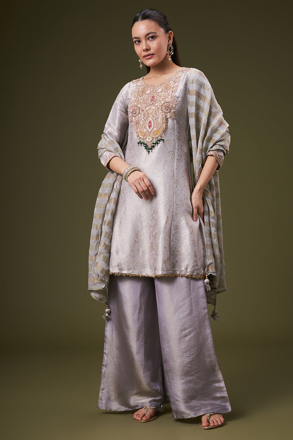 Lavender Grey Brocade Palazzo Suit with Zardosi and Gota Work