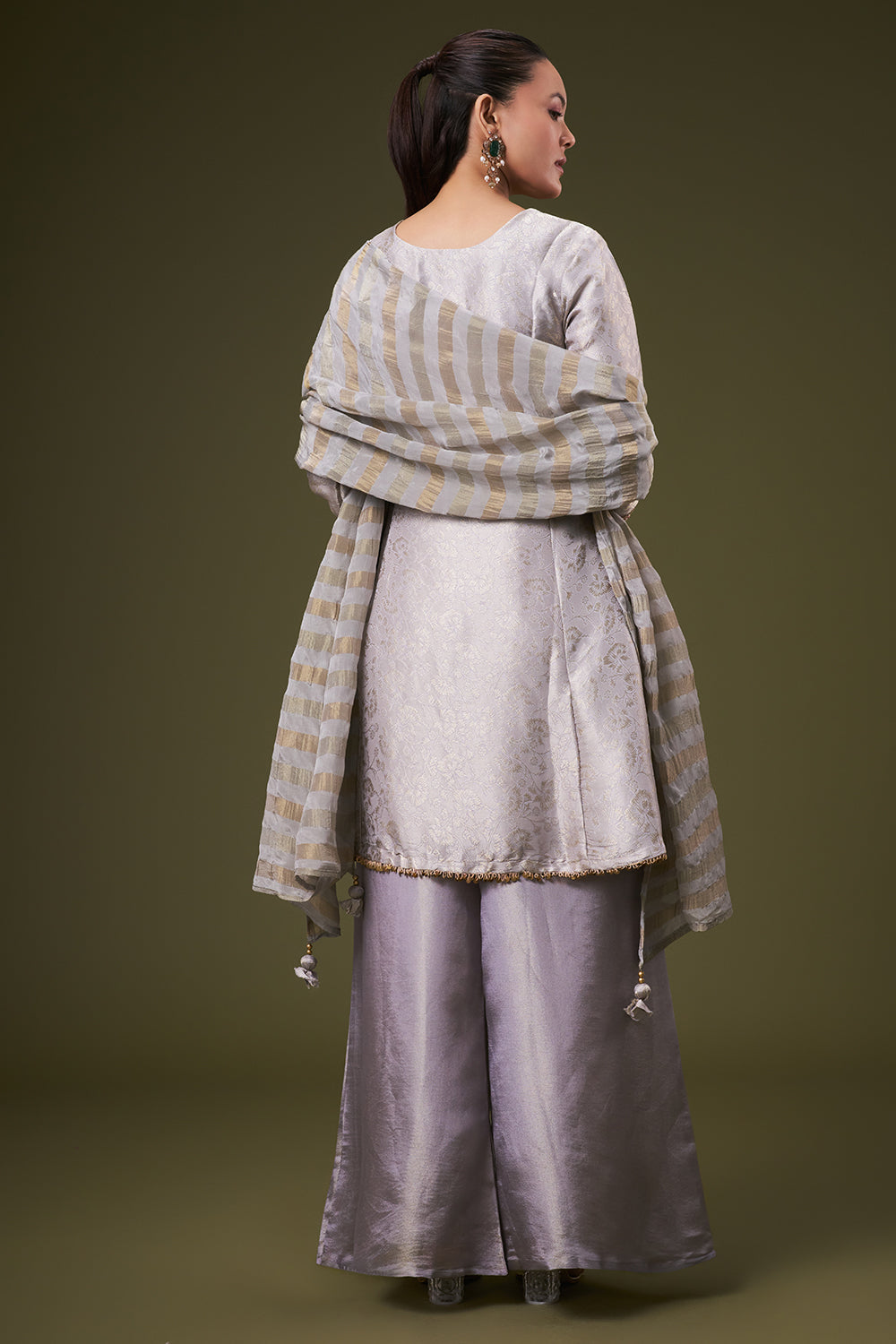 Lavender Grey Brocade Palazzo Suit with Zardosi and Gota Work