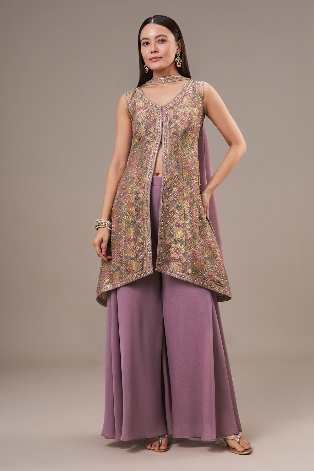 Lavender Khadi Georgette Palazzo Suit with Sequin and Zari Work