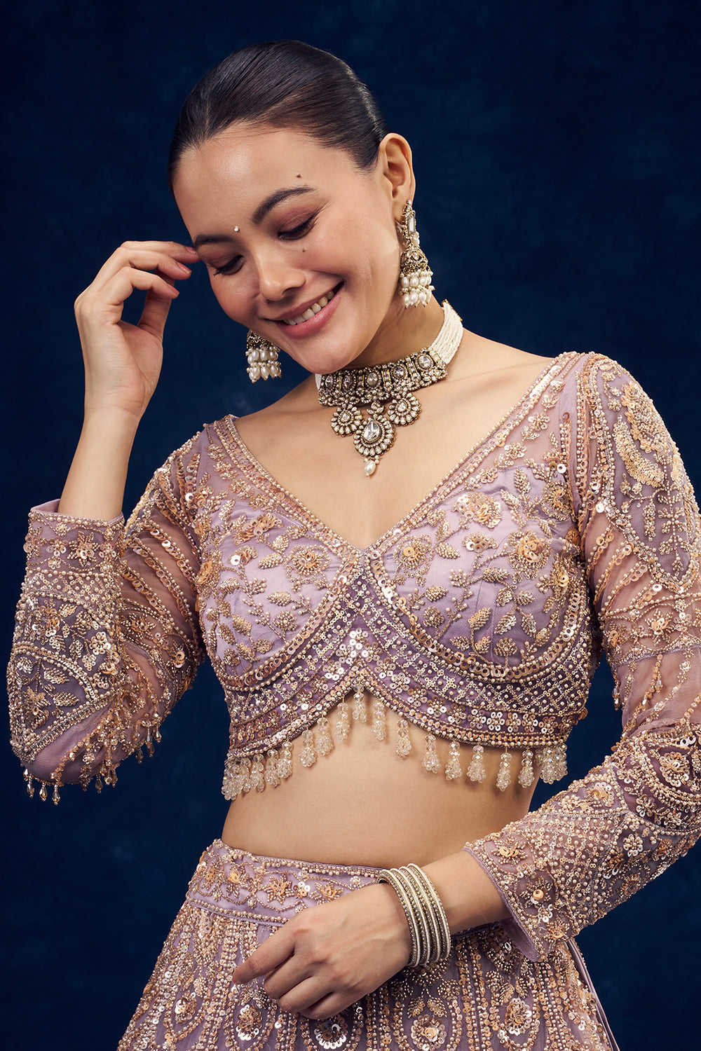 Lavender Net Lehenga with Cutdana and Pearl Hand Work