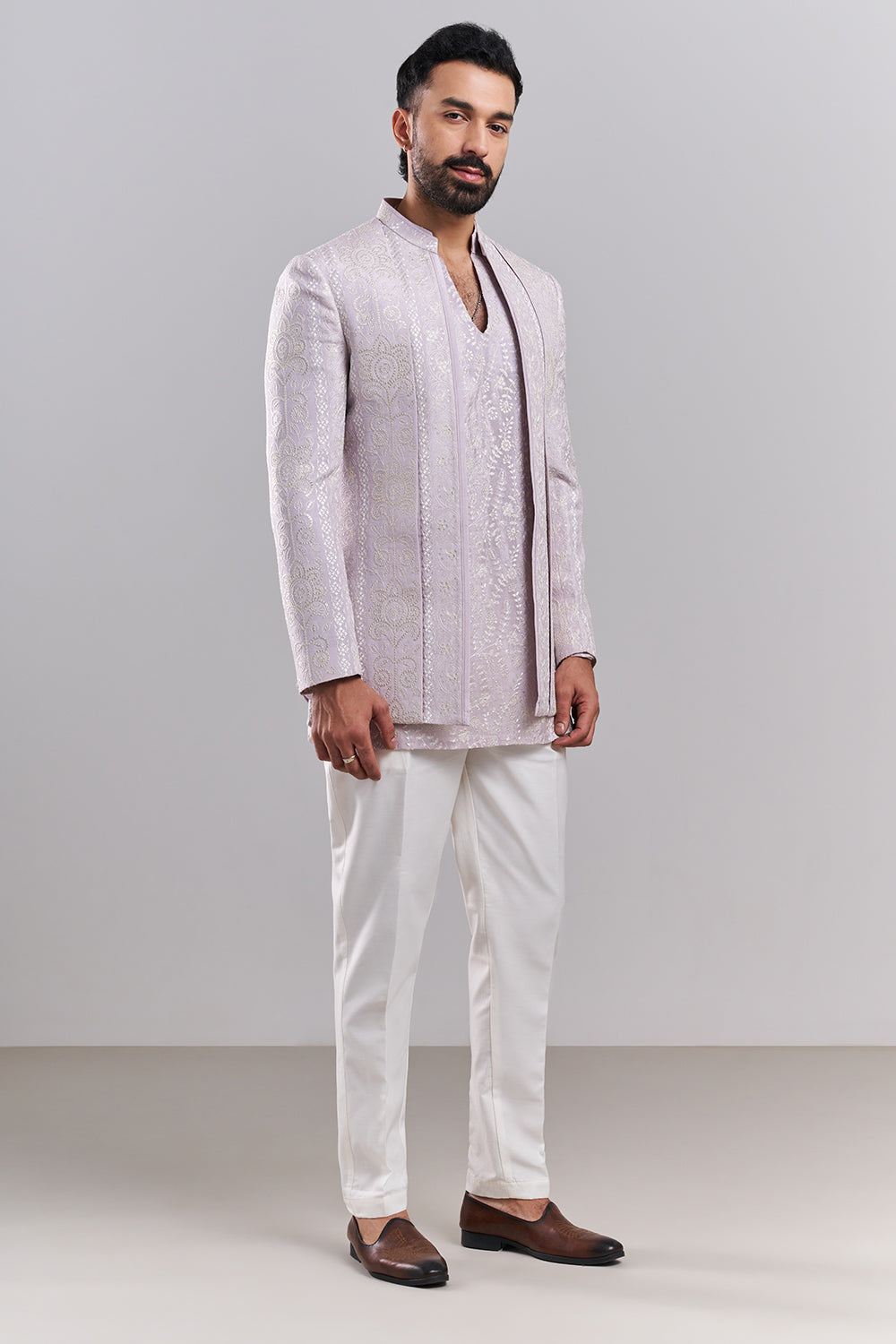 Lavender Nokia Silk Embroidered Men’s Indo-Western Set