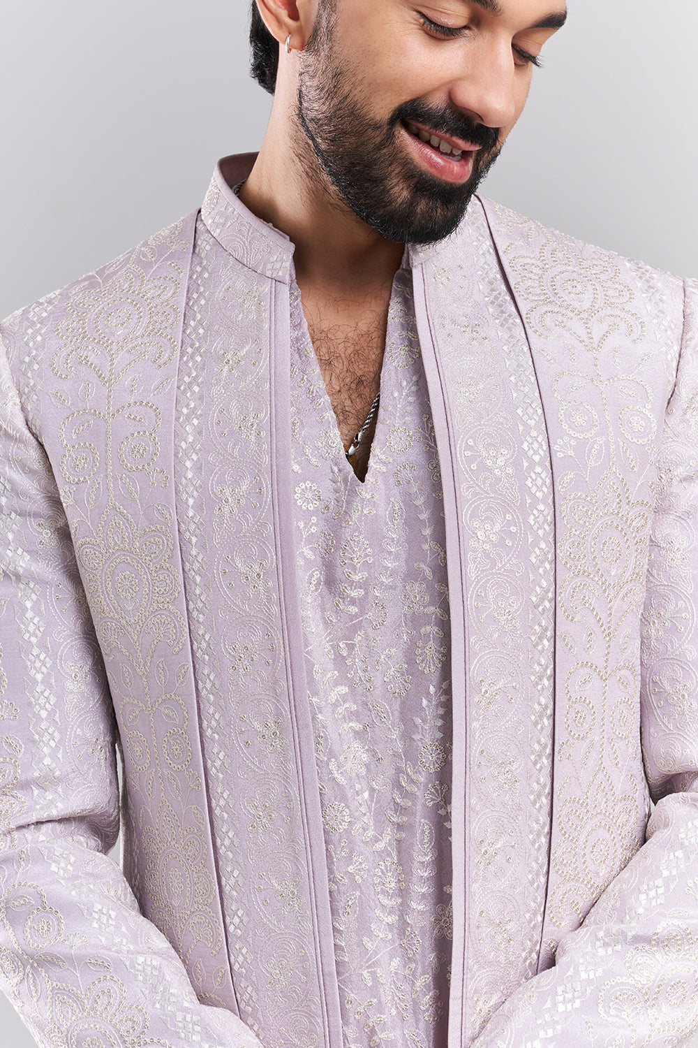 Lavender Nokia Silk Embroidered Men’s Indo-Western Set