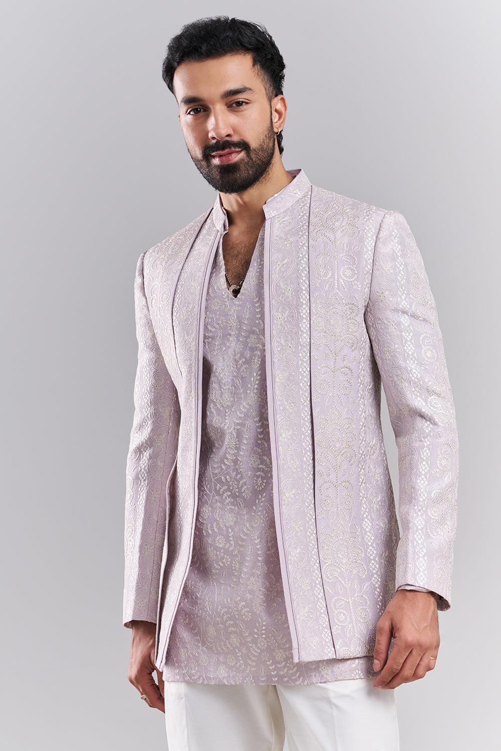 Lavender Nokia Silk Embroidered Men’s Indo-Western Set