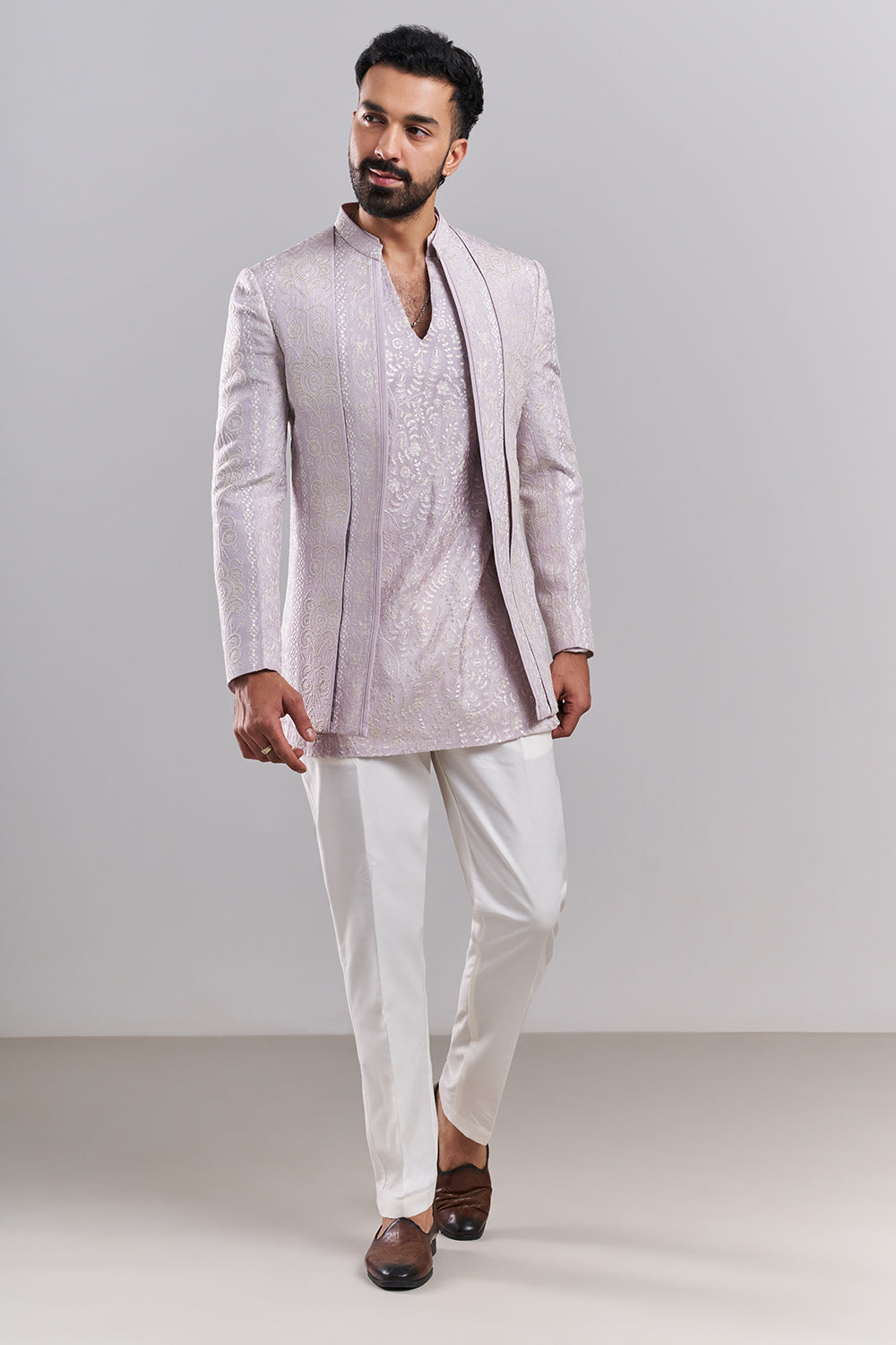 Lavender Nokia Silk Embroidered Men’s Indo-Western Set