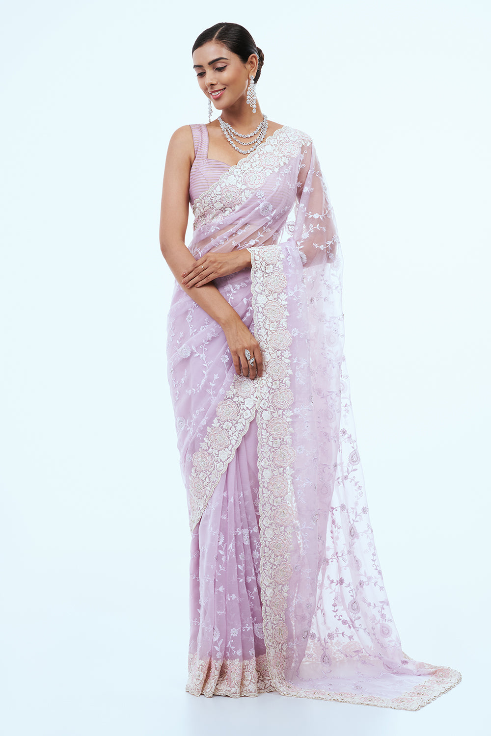 Lavender Organza Saree with Pearl Detailing