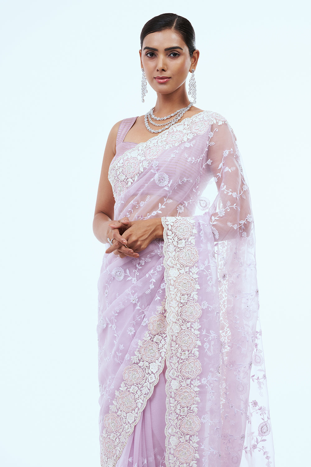 Lavender Organza Saree with Pearl Detailing