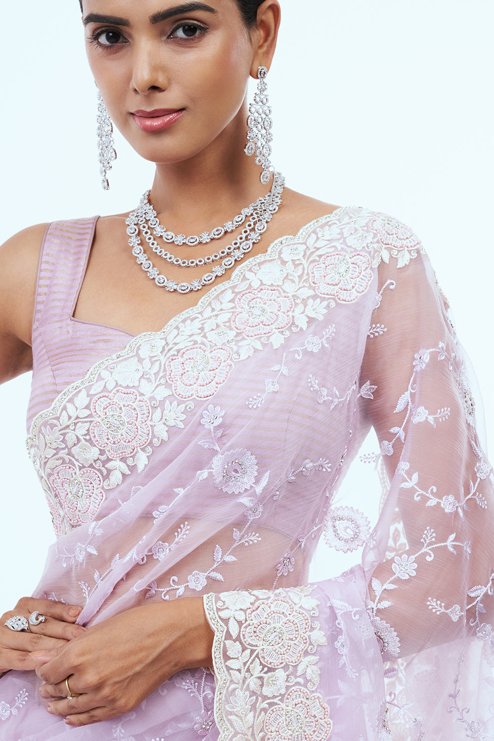 Lavender Organza Saree with Pearl Detailing