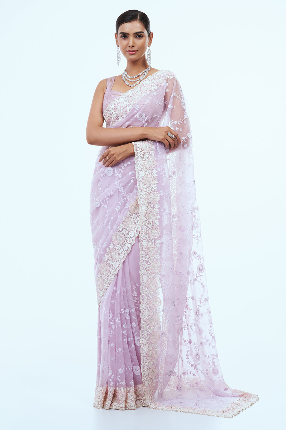 Lavender Organza Saree with Pearl Detailing