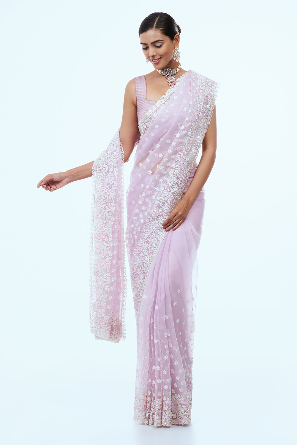 Lavender Organza Saree with Thread Work