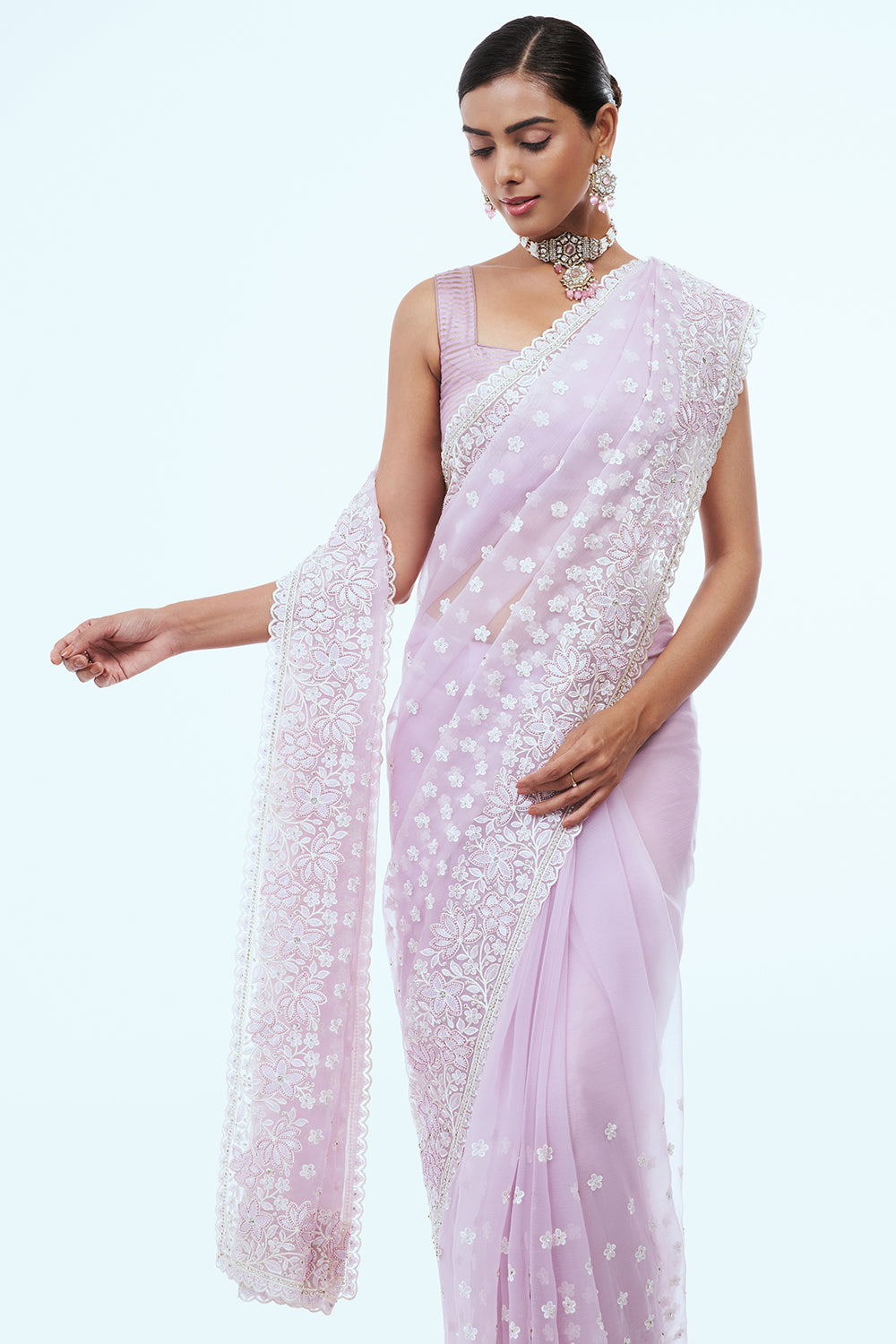 Lavender Organza Saree with Thread Work