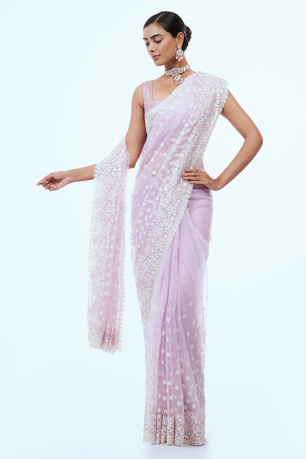 Lavender Organza Saree with Thread Work