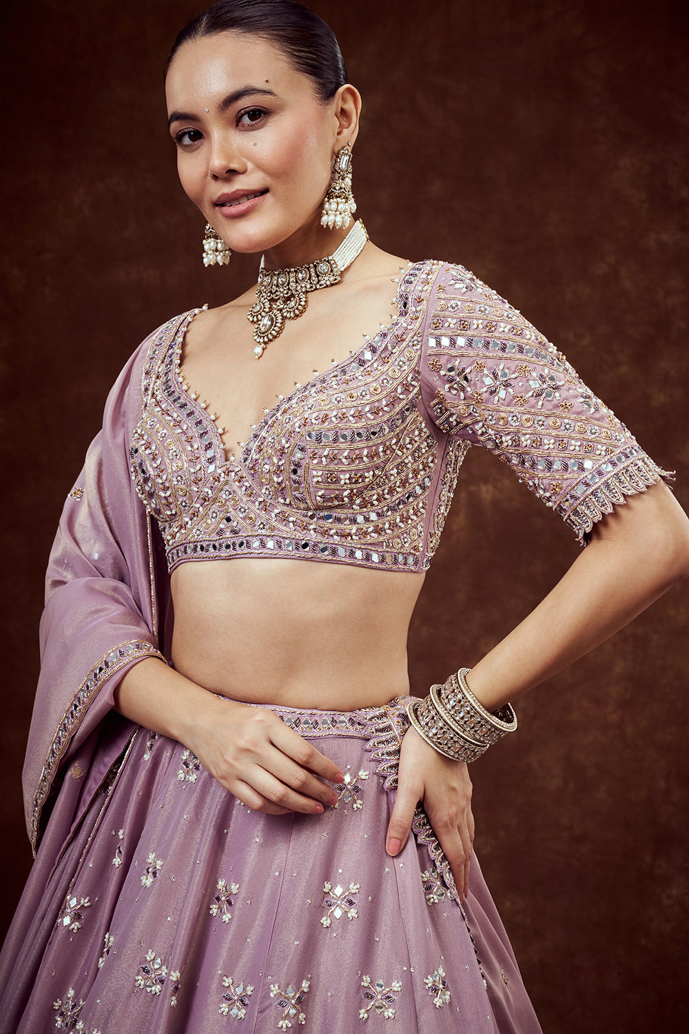 Lavender Shimmer Crush Bridesmaid Lehenga with Ornate Accents
