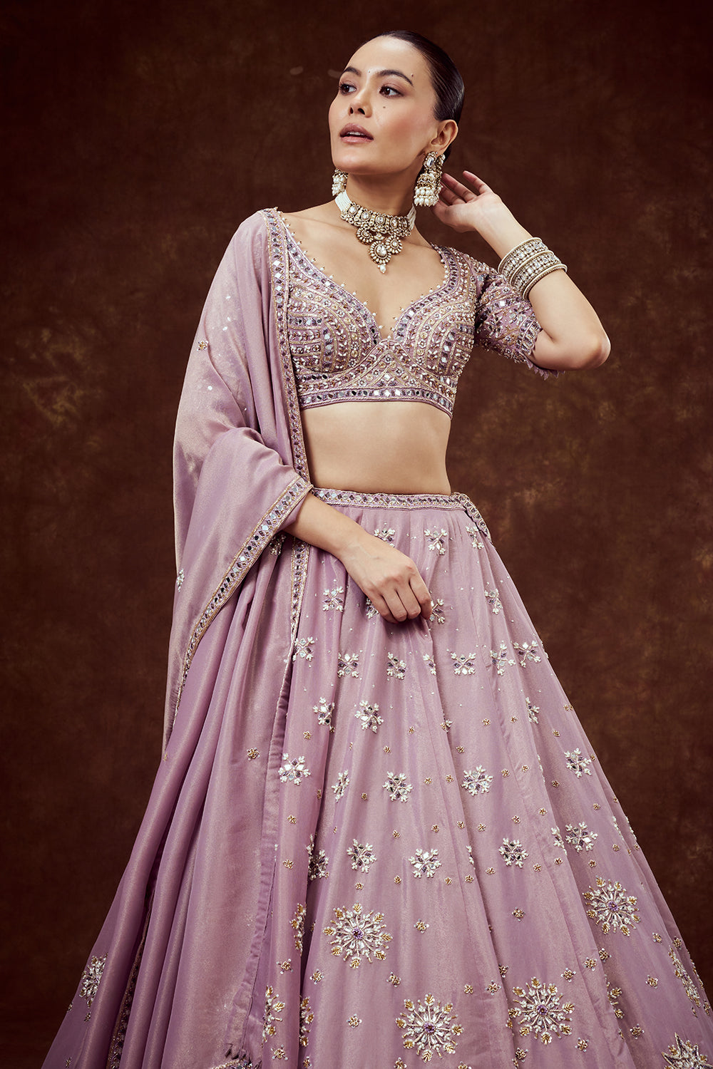 Lavender Shimmer Crush Bridesmaid Lehenga with Ornate Accents
