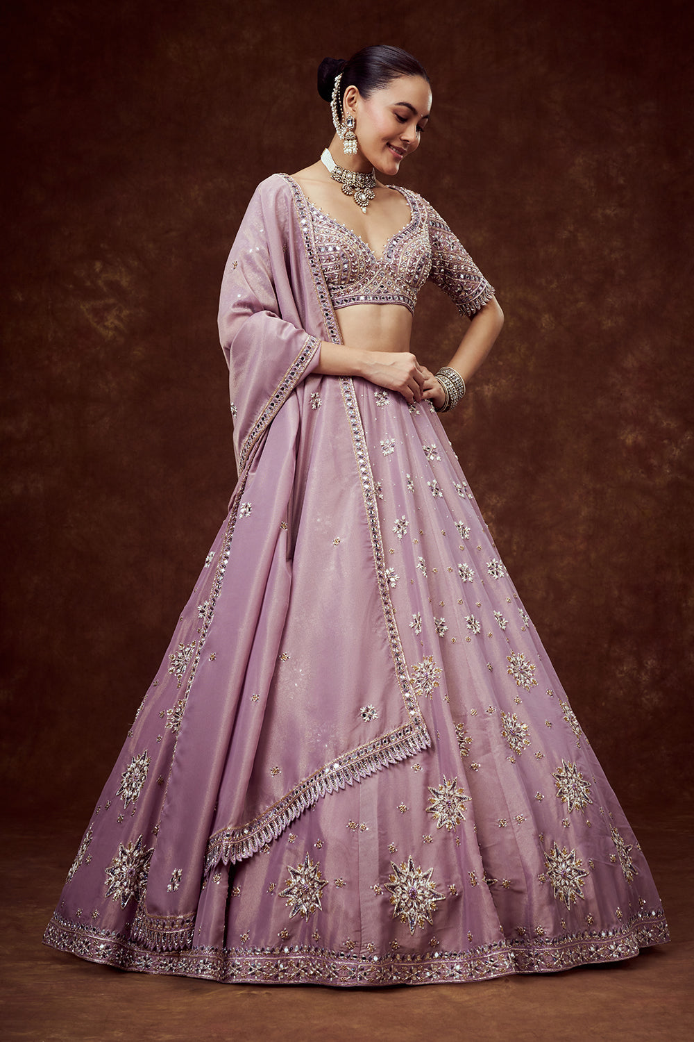 Lavender Shimmer Crush Bridesmaid Lehenga with Ornate Accents