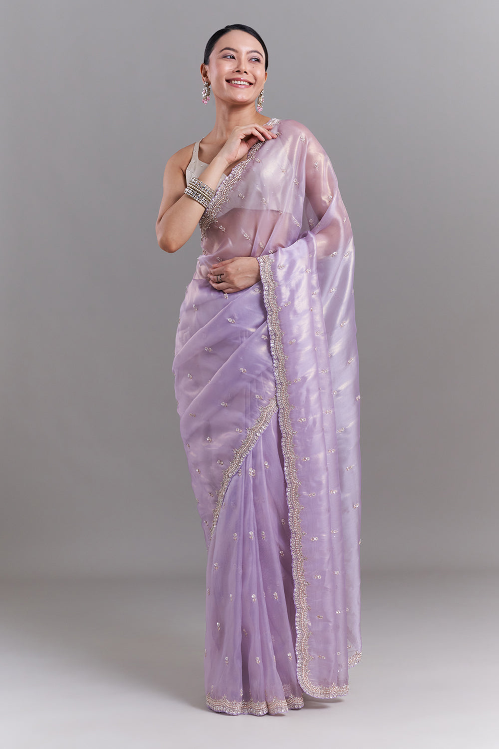 Lavender Shimmer Organza Saree with Floral Border