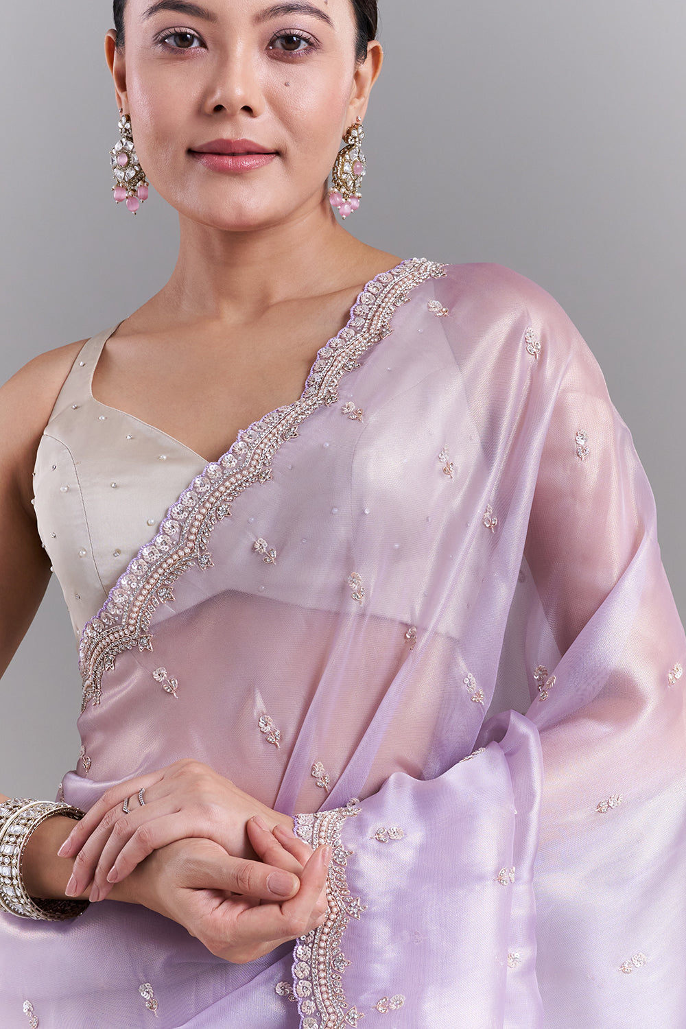 Lavender Shimmer Organza Saree with Floral Border