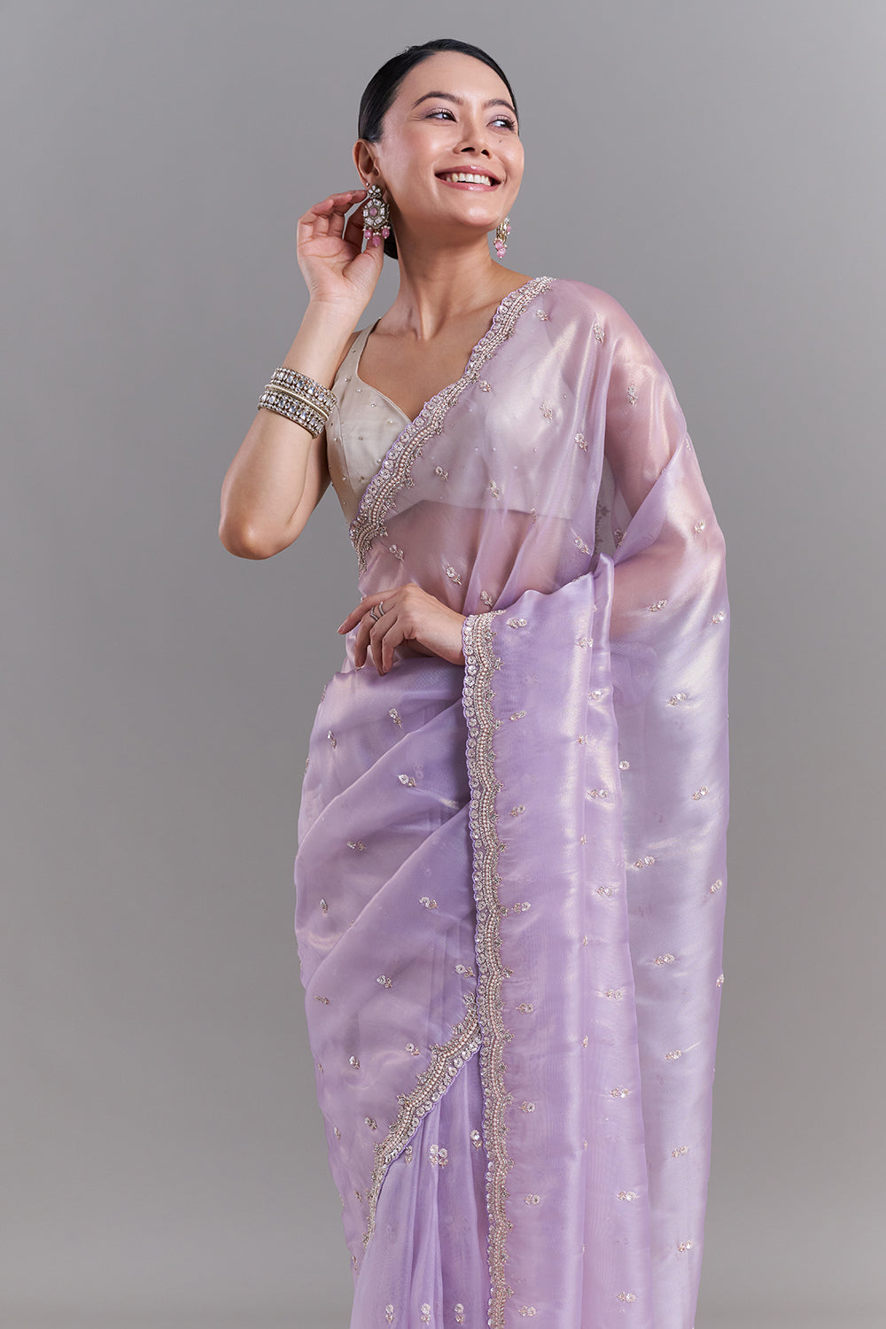 Lavender Shimmer Organza Saree with Floral Border