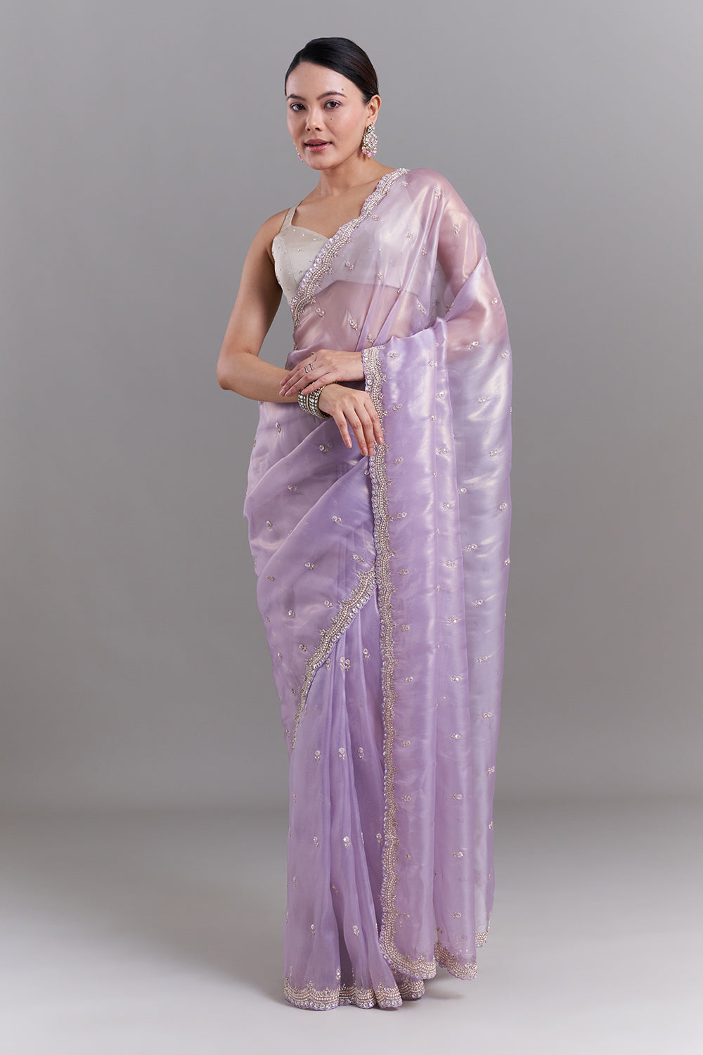 Lavender Shimmer Organza Saree with Floral Border