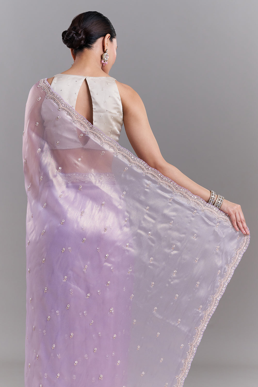 Lavender Shimmer Organza Saree with Floral Border