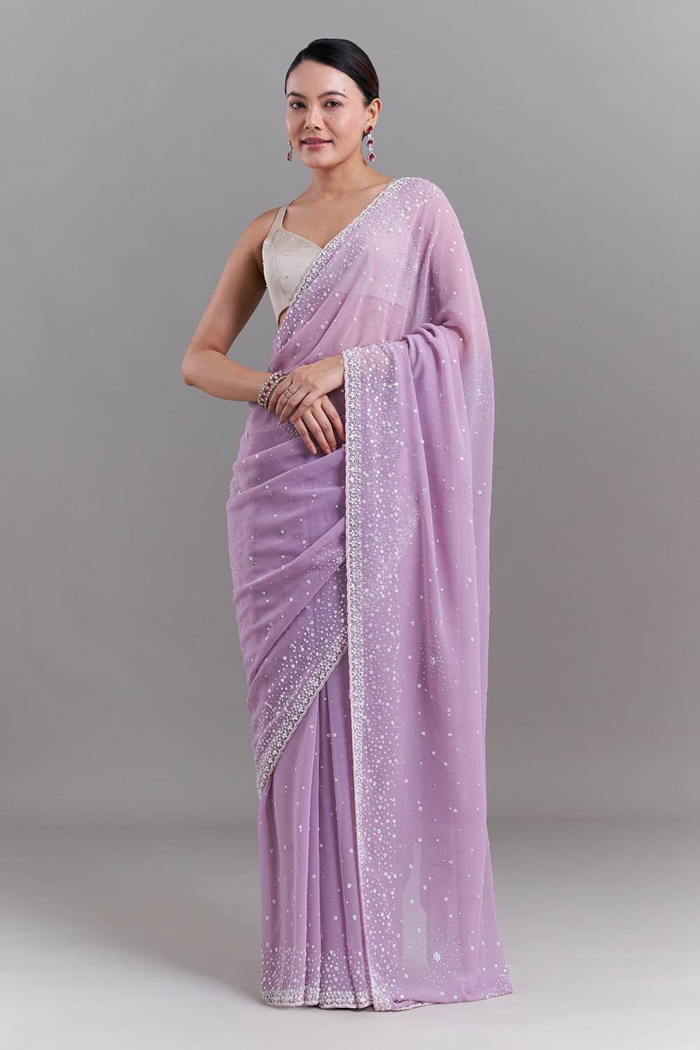 Lavender Shimmer Organza Saree with Sequin and Pearl Highlights