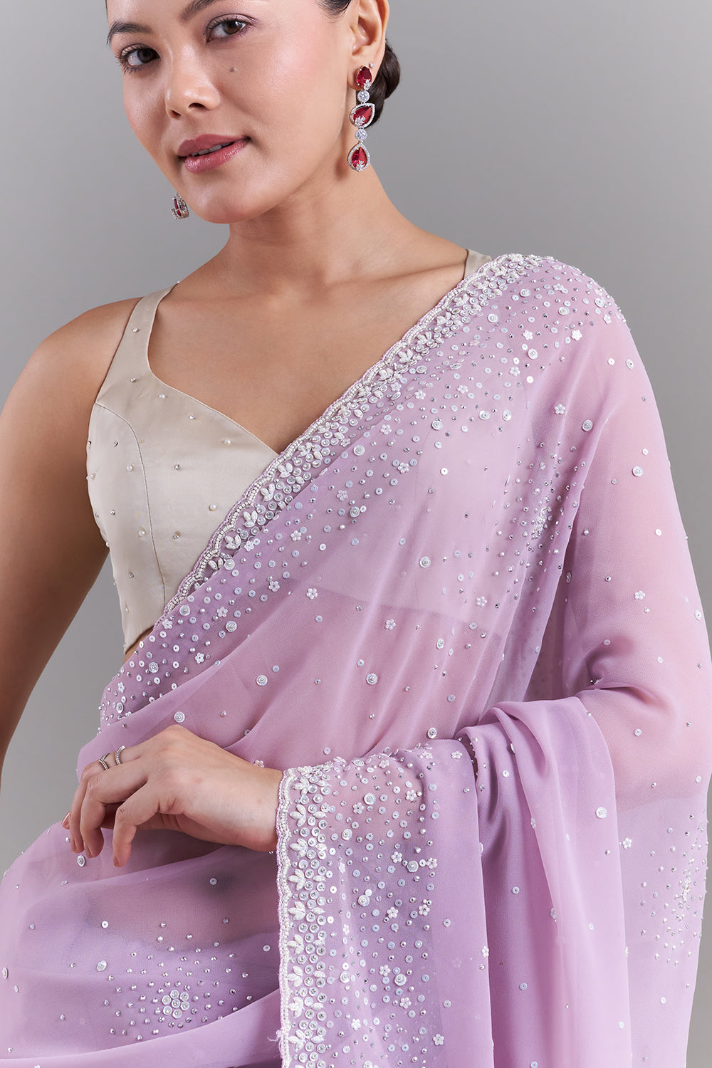 Lavender Shimmer Organza Saree with Sequin and Pearl Highlights