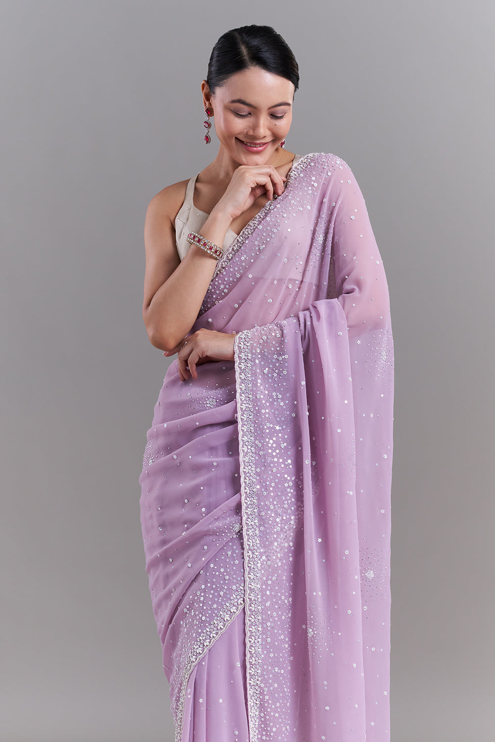 Lavender Shimmer Organza Saree with Sequin and Pearl Highlights