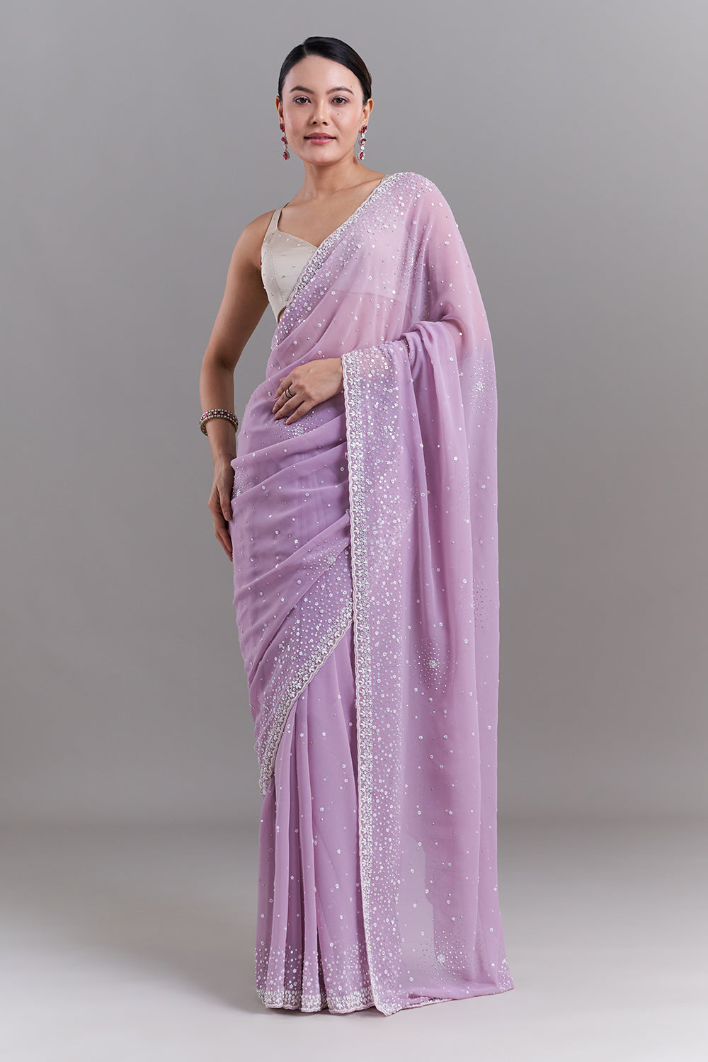 Lavender Shimmer Organza Saree with Sequin and Pearl Highlights