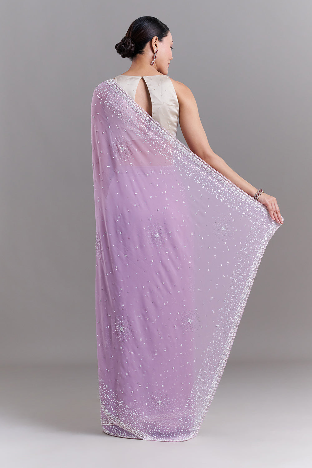 Lavender Shimmer Organza Saree with Sequin and Pearl Highlights