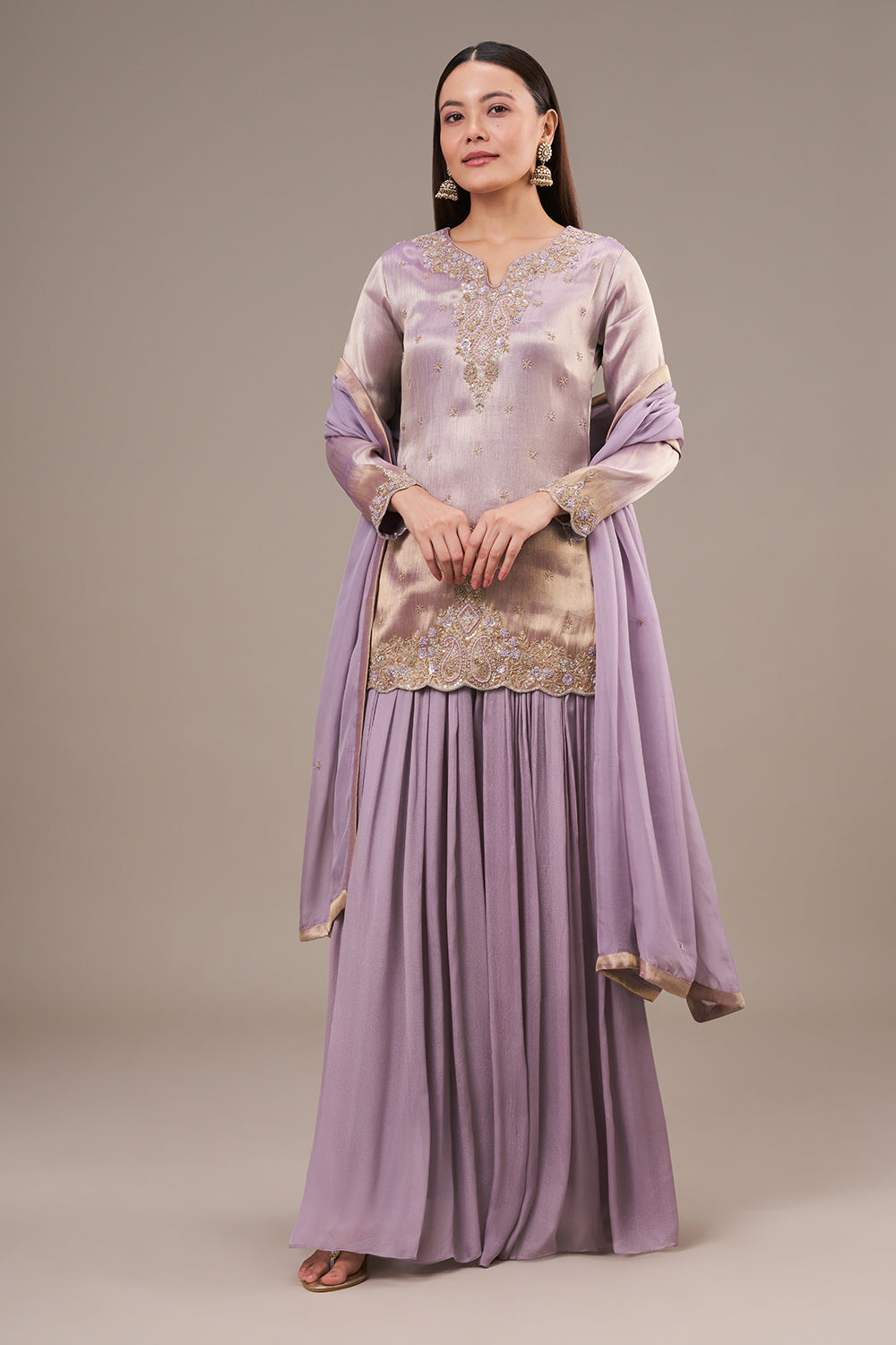 Lavender Tissue Palazzo Suit with Zardosi and Resham Work