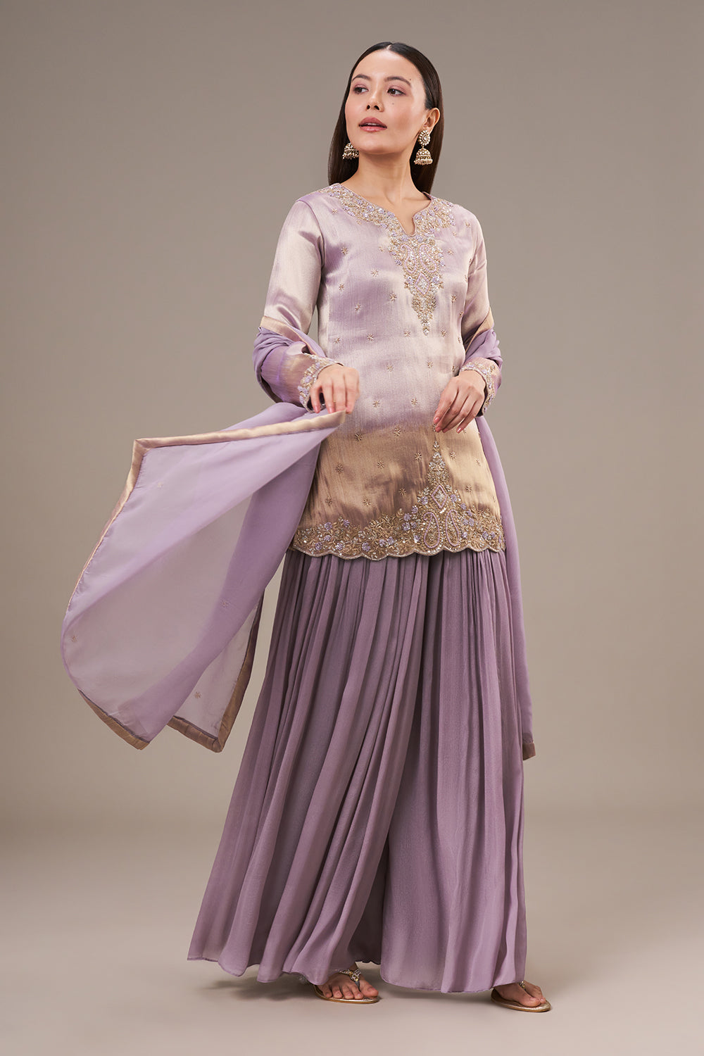Lavender Tissue Palazzo Suit with Zardosi and Resham Work