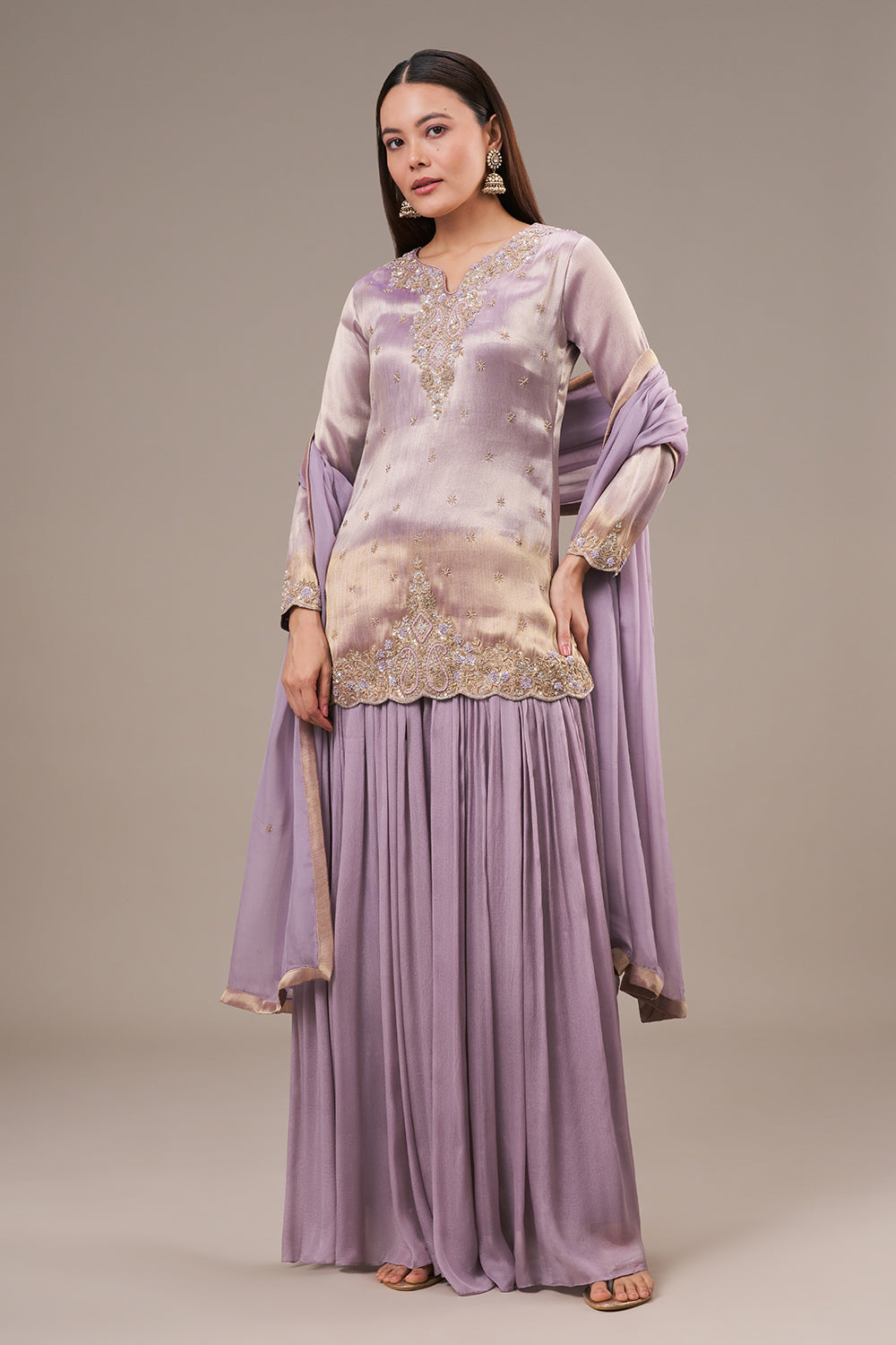 Lavender Tissue Palazzo Suit with Zardosi and Resham Work