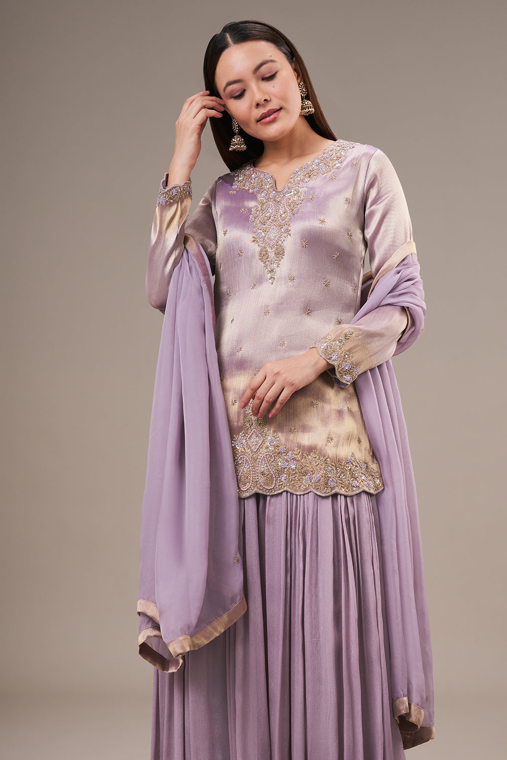 Lavender Tissue Palazzo Suit with Zardosi and Resham Work