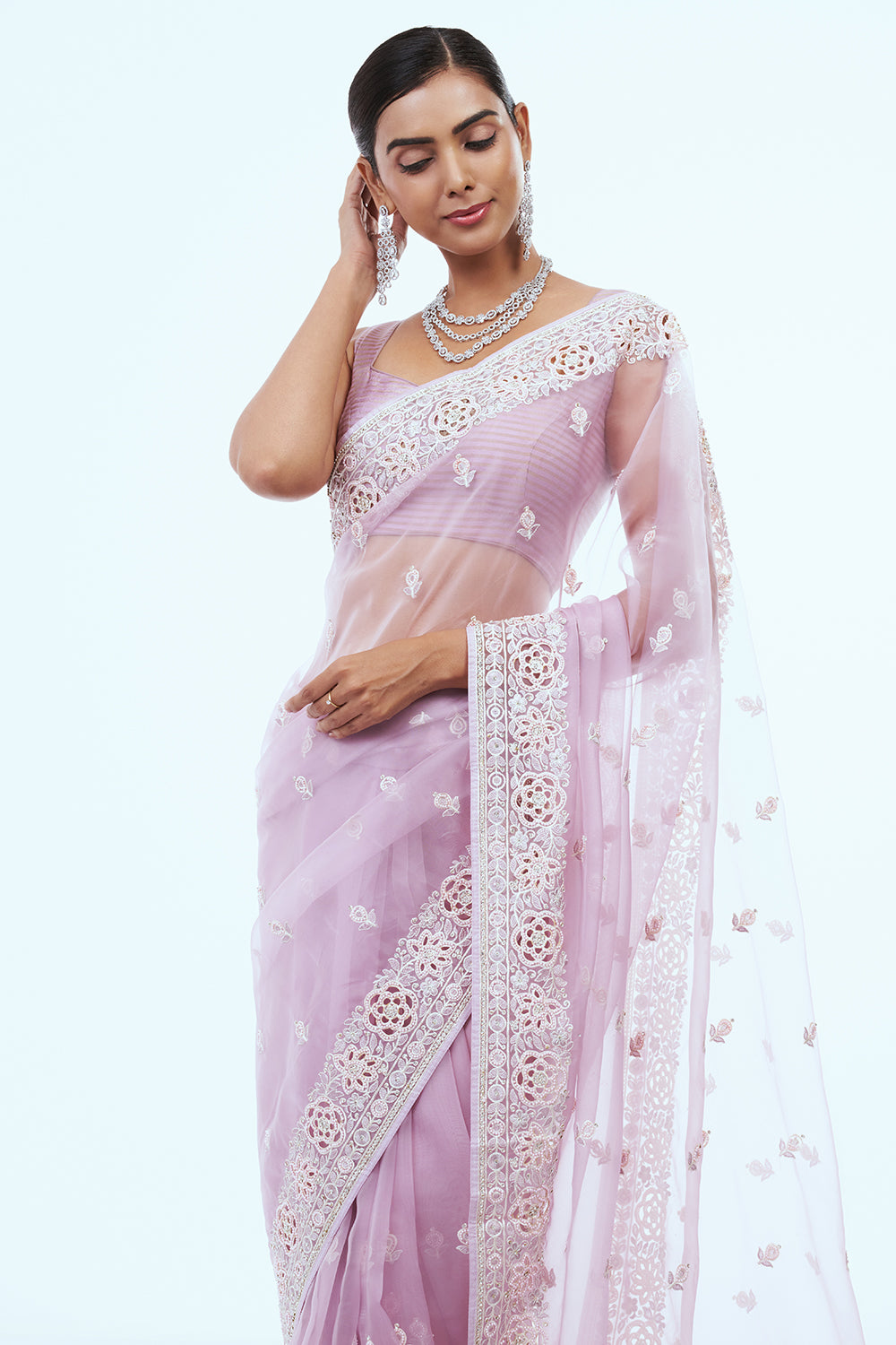Lavender Tissue Saree with Stone Work