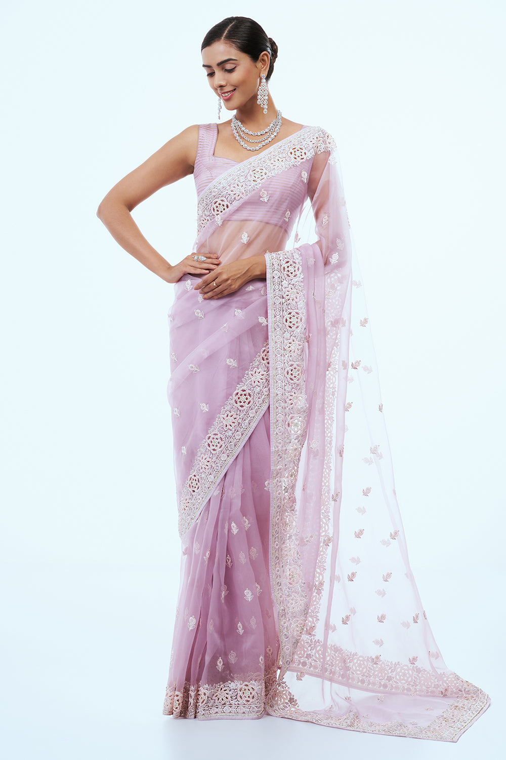 Lavender Tissue Saree with Stone Work