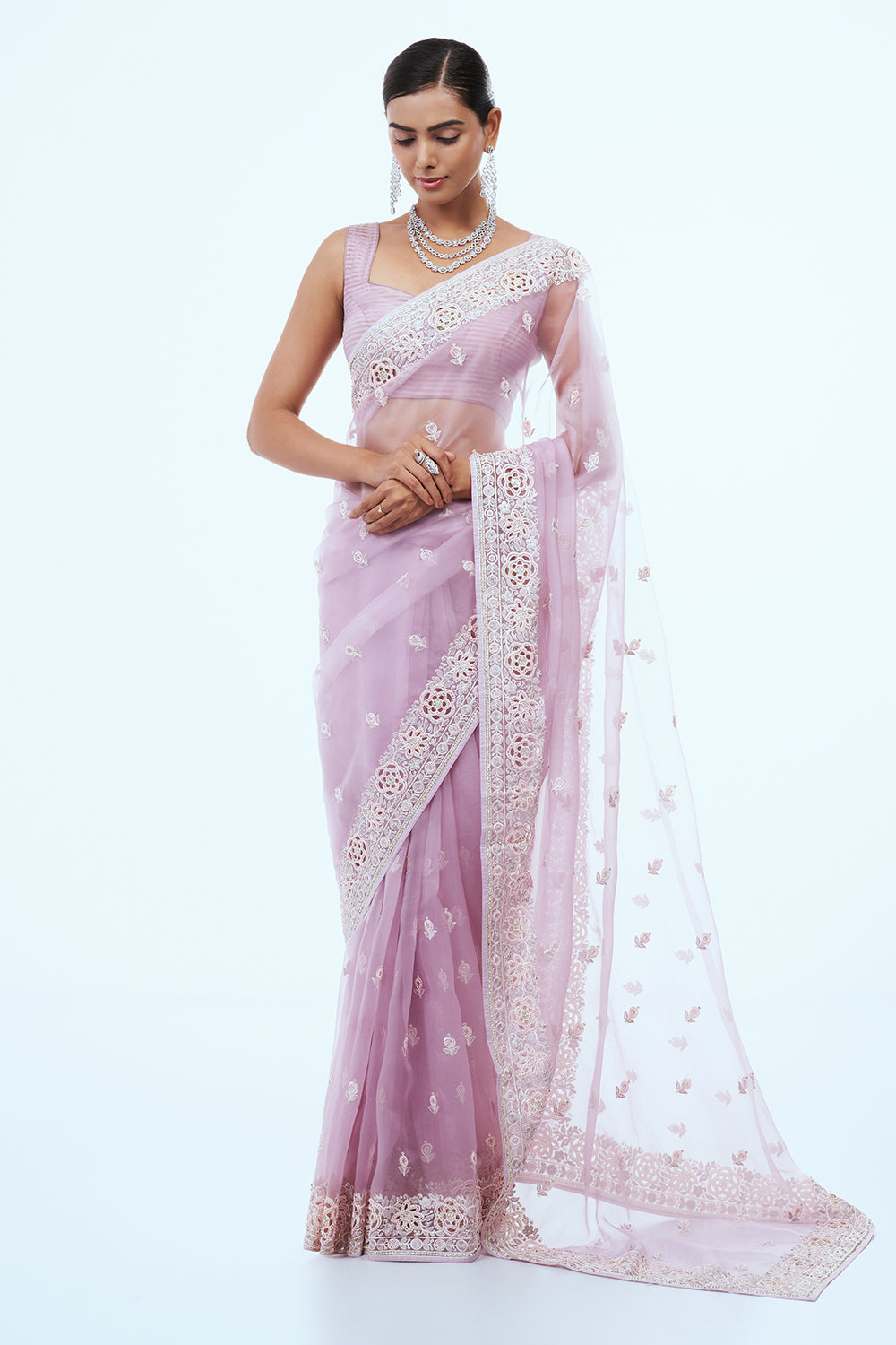 Lavender Tissue Saree with Stone Work