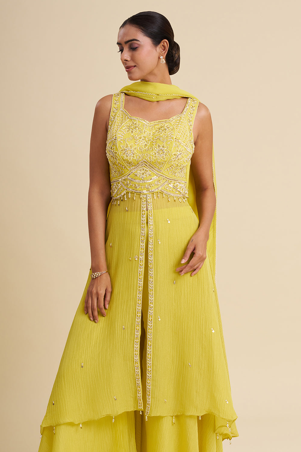 Lemon Yellow Georgette Shimmer Anarkali with Gota Patti Work