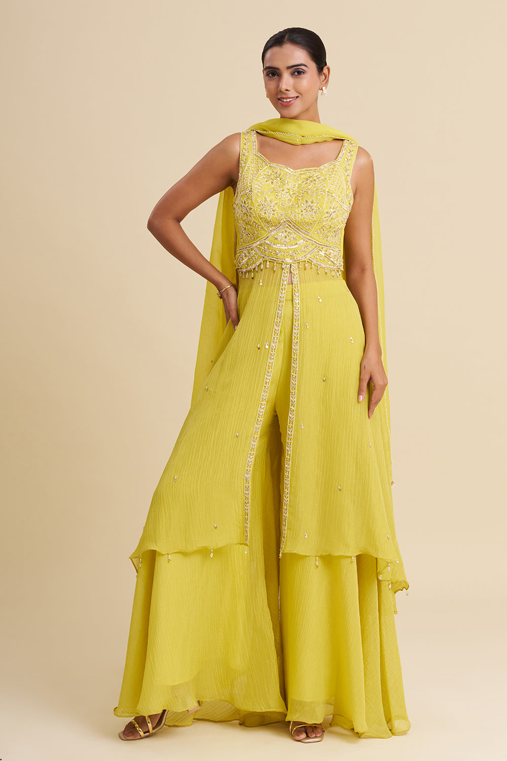 Lemon Yellow Georgette Shimmer Anarkali with Gota Patti Work