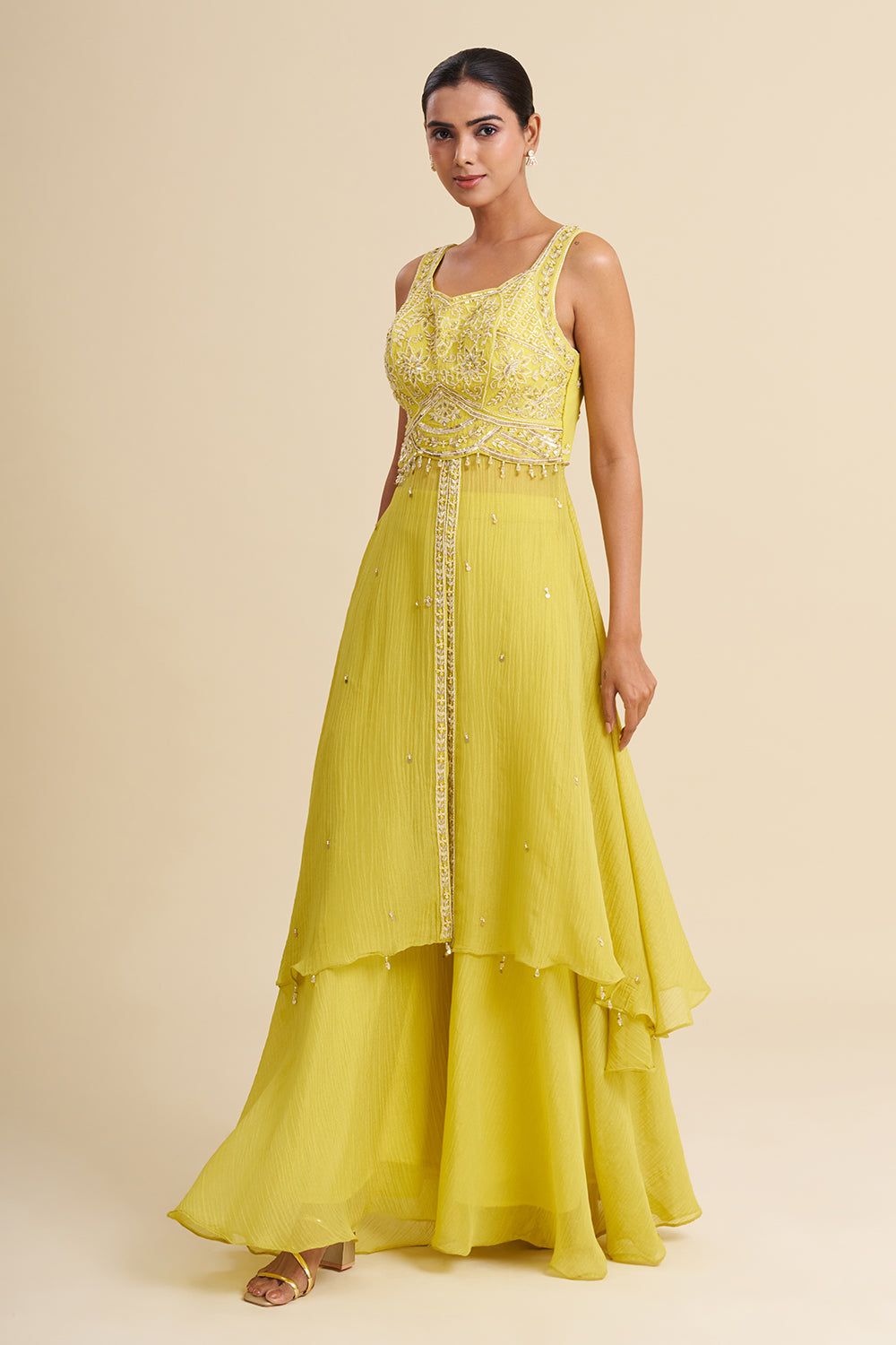 Lemon Yellow Georgette Shimmer Anarkali with Gota Patti Work