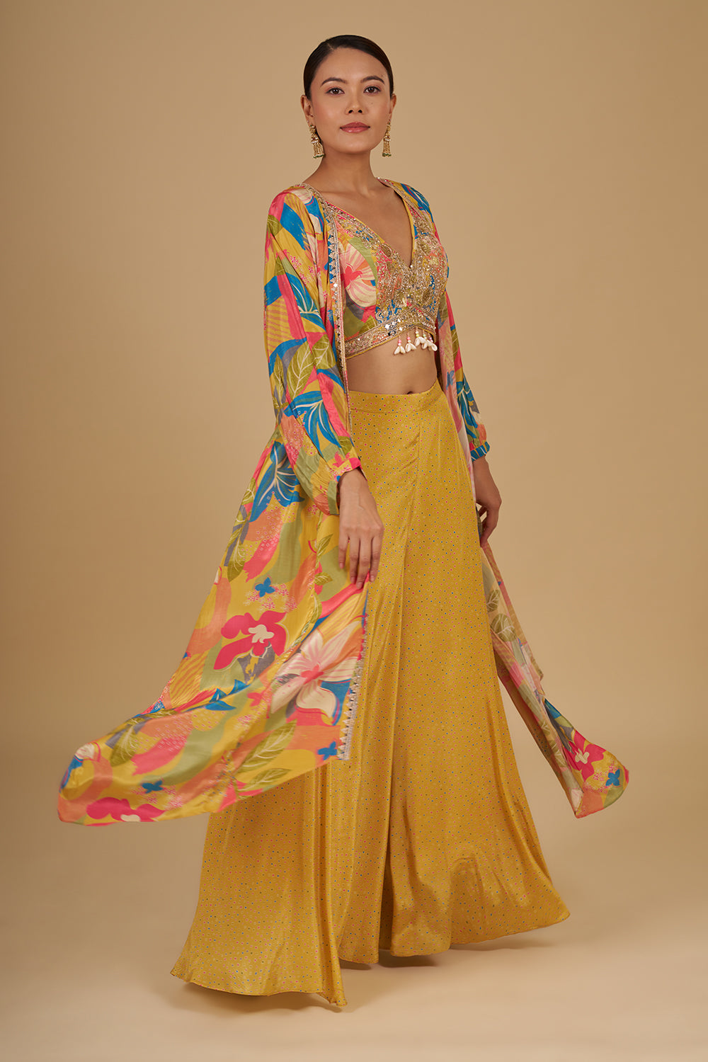 Lemon Yellow Multicolour Floral Printed Pure Crepe Cape Set with Sequins, Cut Dana and Mirror Work