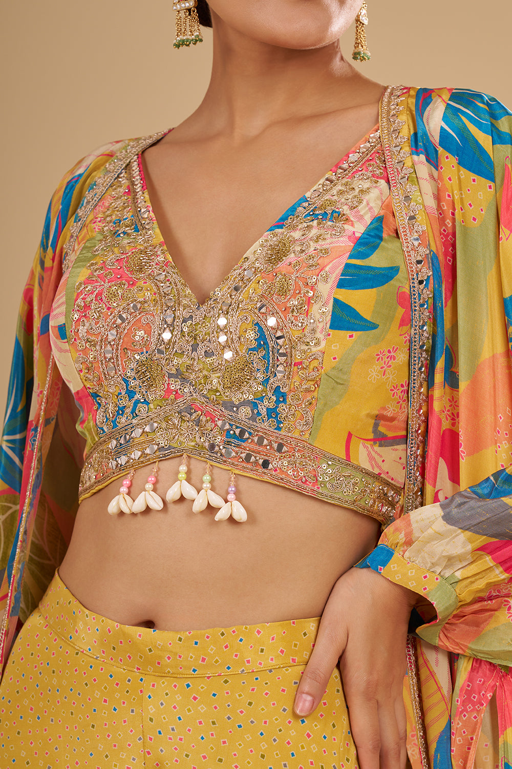 Lemon Yellow Multicolour Floral Printed Pure Crepe Cape Set with Sequins, Cut Dana and Mirror Work